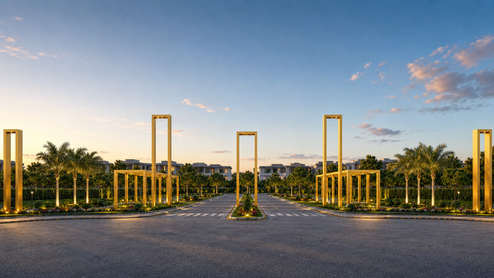 Conceptual golden-hour view of the Nova Enclave entrance
